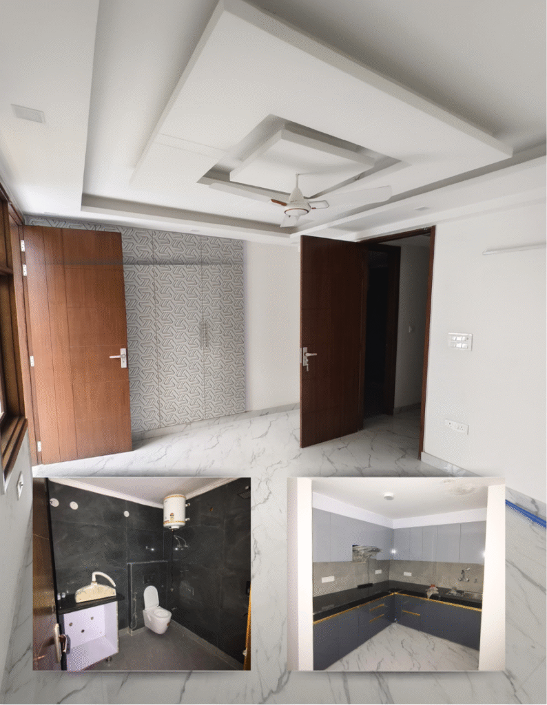 2bhk semi furnished natural light coming from balcony with washroom and kitchen image along side.